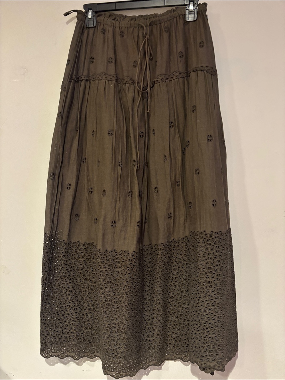 Elie Tahari Brown Eyelet Tiered Maxi Skirt